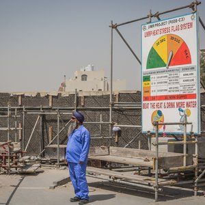 Heat stress notice at construction site, Qatar